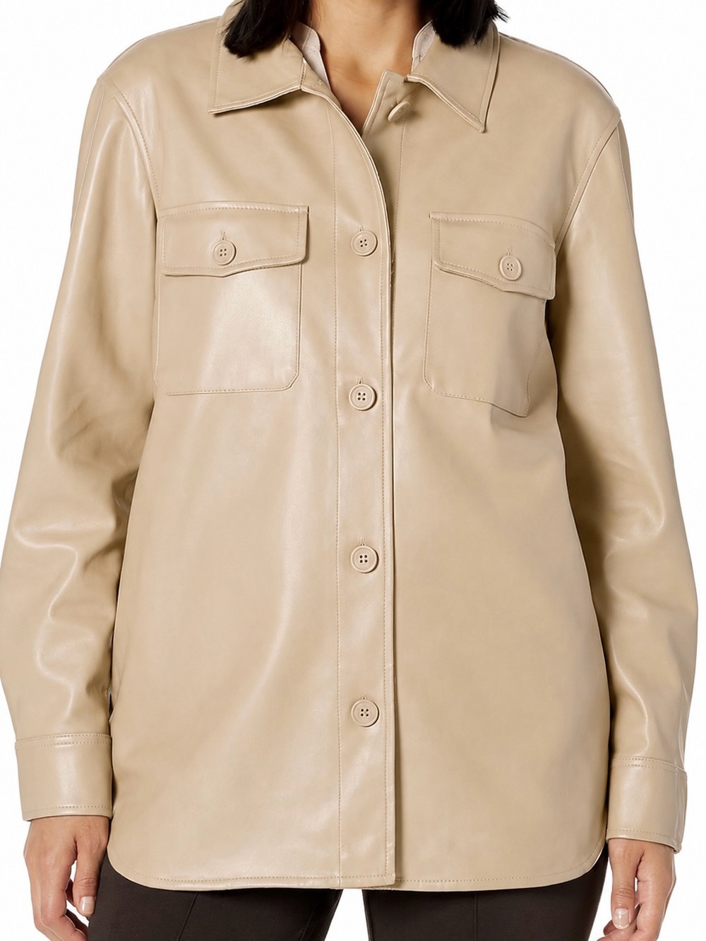 Classic Women's Leather Button-Front Jacket - Beige